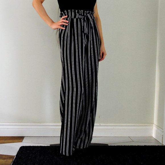 Black Wide Leg Pants w/ White Stripes, Elastic Waist w/ Bow Tie, Like New - Picture 1 of 11